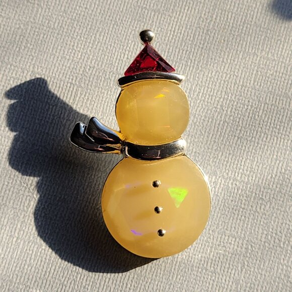 Opalescent & Silver Snowman Brooch Pin With Red Hat - Picture 3 of 4